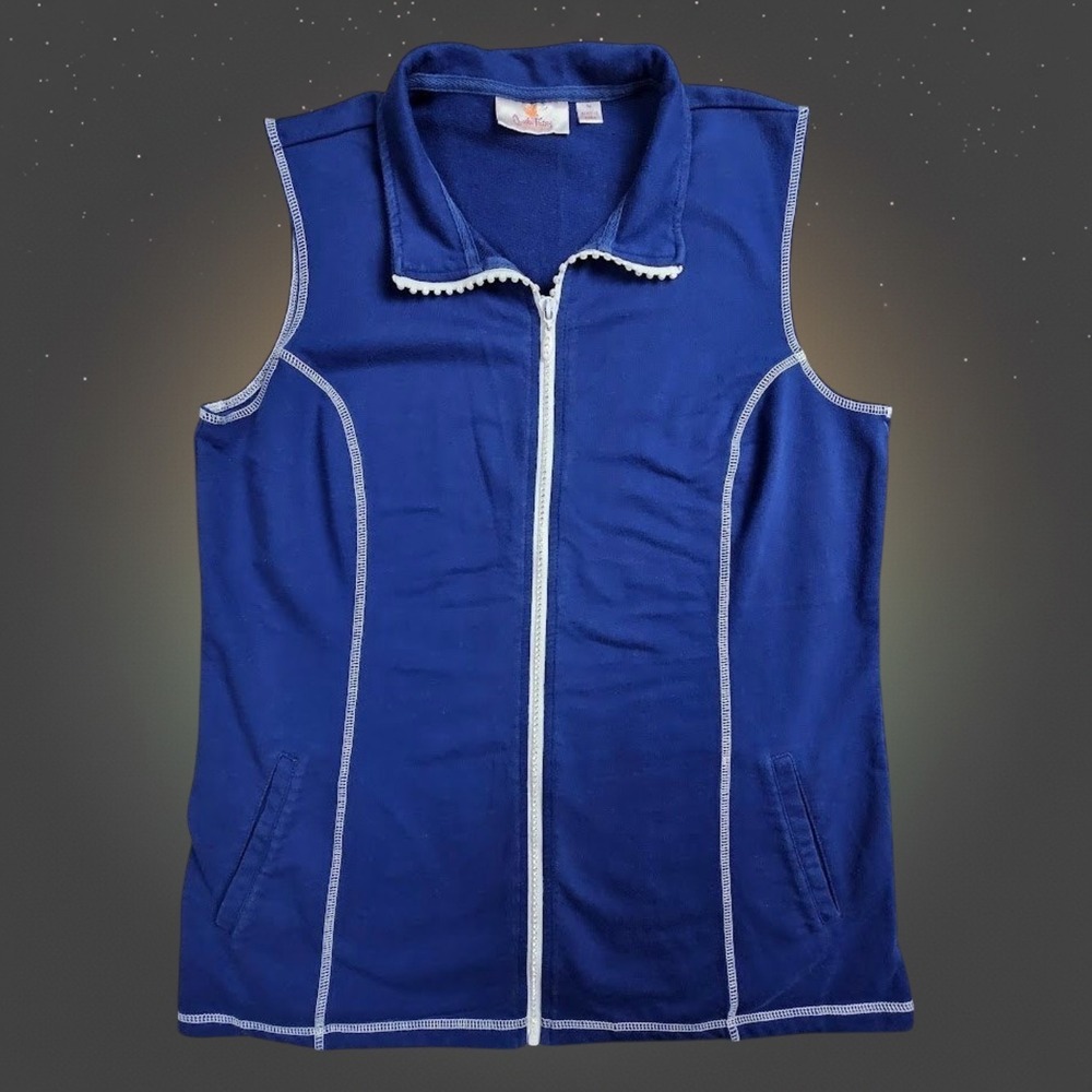 Quacker Factory Blue Rhinestone Zip Vest M French Terry Nautical Coastal